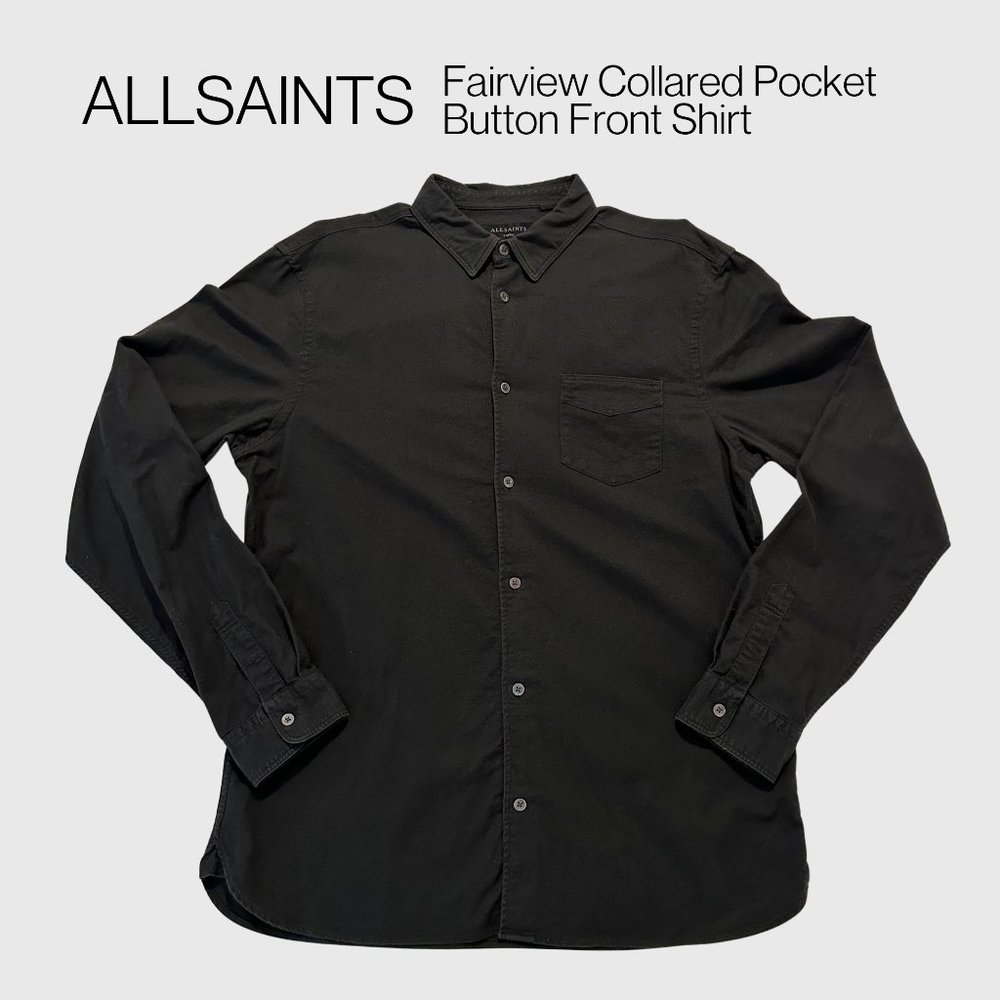 AllSaints Fairview Collared Shirt in Jet Black | Slim Fit | Men's Large